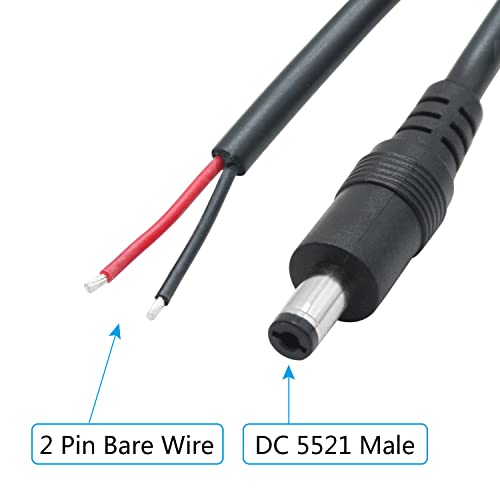 Maixbomr 12V DC Power Pigtails Cable,1m/3.3ft DC 5.5mm x 2.1mm Male Plug to Bare Wire Open End Power Wire,18AWG DC Barrel Plug Connector,for DC 5521 Port Supply Replacement Repair(2Pcs) - Image 2