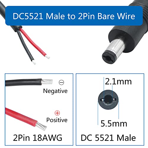 Maixbomr 12V DC Power Pigtails Cable,1m/3.3ft DC 5.5mm x 2.1mm Male Plug to Bare Wire Open End Power Wire,18AWG DC Barrel Plug Connector,for DC 5521 Port Supply Replacement Repair(2Pcs) - Image 5