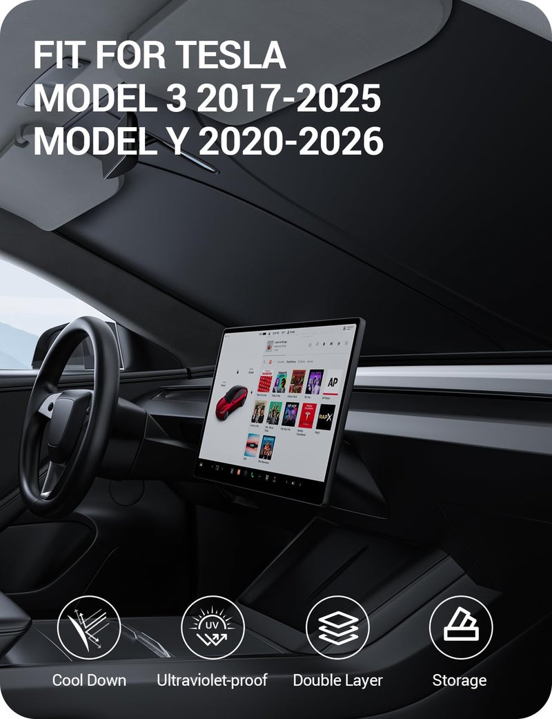 BASENOR 2017-2026 Tesla Model Y Model 3 Windshield Sunshade, Folding Front Window Sun Shade Full Cover, Heat UV Protection Visor Accessories (Standard/Premium/Performance) - Image 2