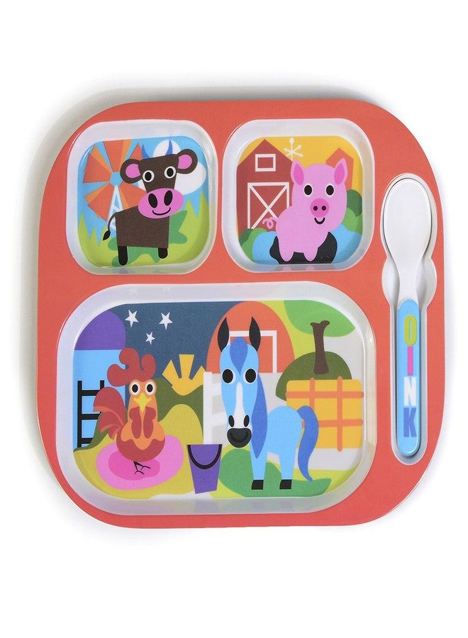 French Bull 11" Kids Everyday Tray - Divided Tray and Spoon Set, Farm Animals (74411) - Image 1