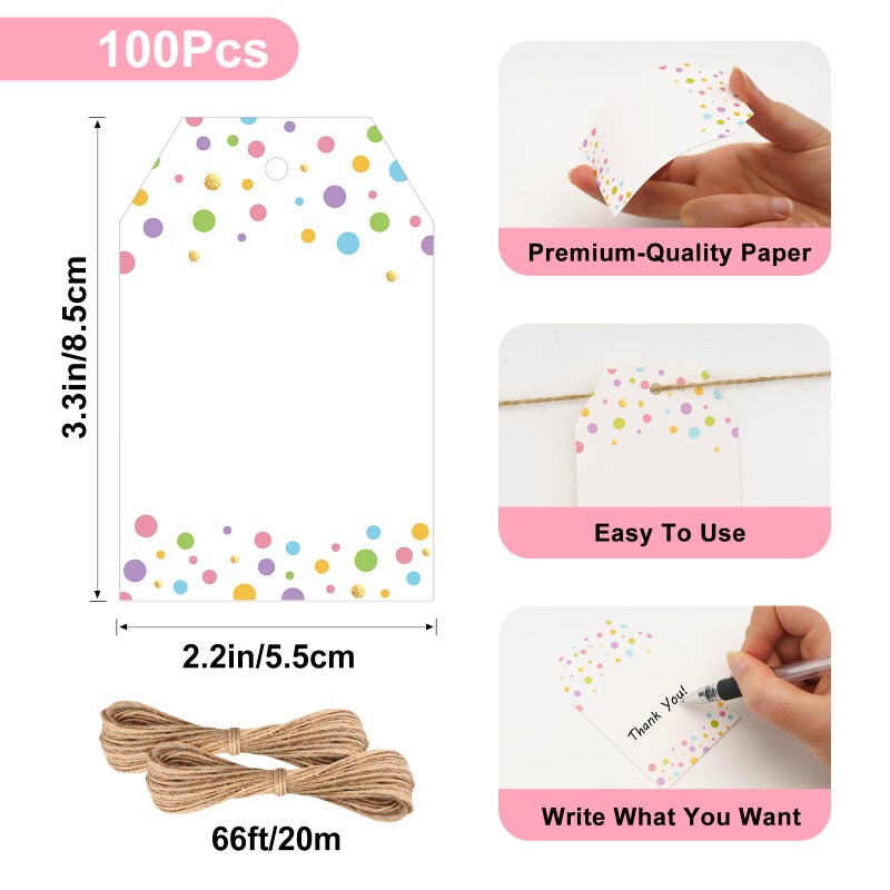 Anwyll Gift Tags With String - 100Pcs Colorful Confetti Polka Dot Gift Bag Tags Personalized White Blank Hang Paper Label Tag For Baby Shower Birthday Party Wedding Spring Christmas Favor Present - Image 3