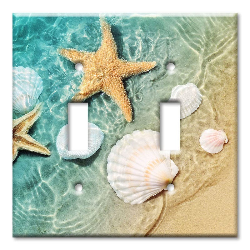 Art Plates 2 Gang Toggle Metal Light Switch Plate Cover Two Gang Toggle Decorative Wall Plate Sea Shells and Star Fish in Ocean Beach Tide Pool Made in USA
