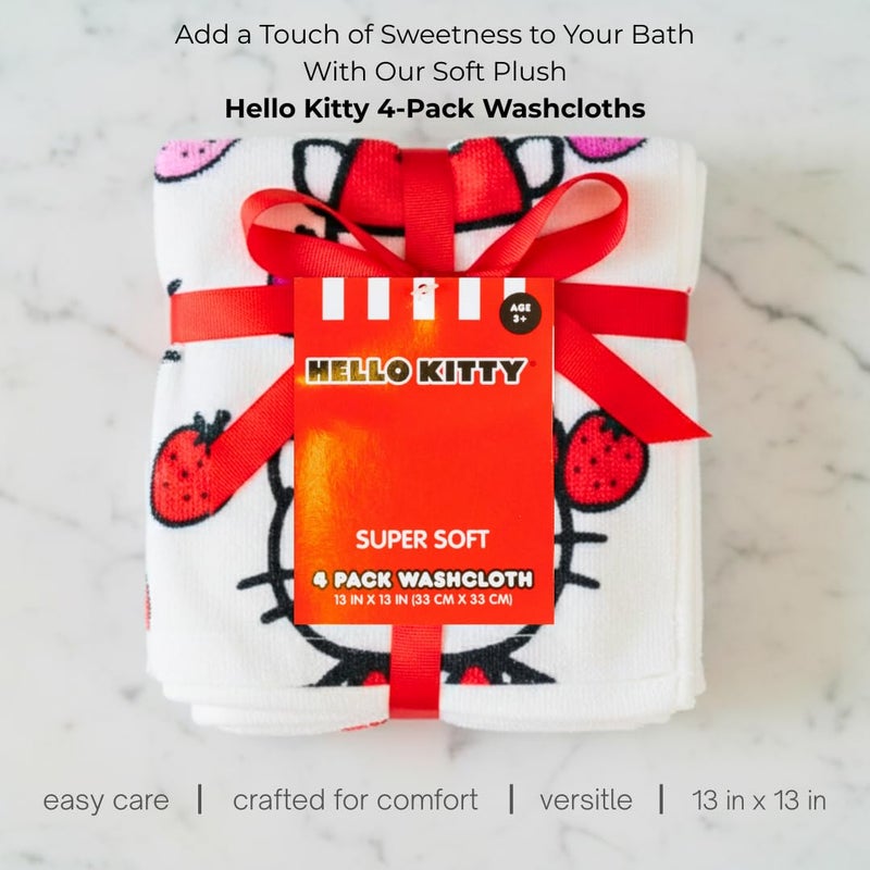 Franco Hello Kitty Washcloths 4 Pack â€“ 100% Cotton Super Soft Face Cloths for Makeup Removal & Skincare â€“ Cute Sanrio Strawberry Design â€“ 13â€ x 13â€ (Officially Licensed Product) by Franco - Image 2