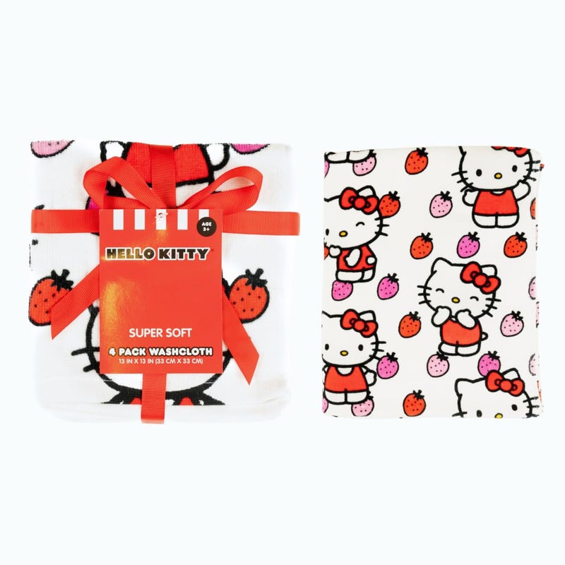 Franco Hello Kitty Washcloths 4 Pack â€“ 100% Cotton Super Soft Face Cloths for Makeup Removal & Skincare â€“ Cute Sanrio Strawberry Design â€“ 13â€ x 13â€ (Officially Licensed Product) by Franco - Image 1