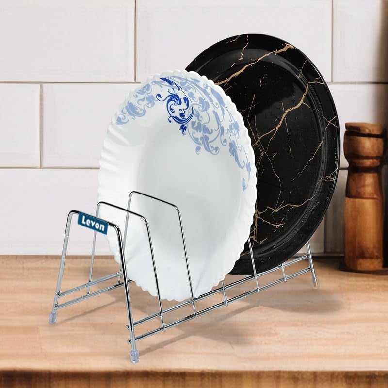 LEVON Multipurpose Chrome Plated Stainless Steel Dish thali Plate Rack Holder Stand for Kitchen Utensil Rack, Pot lid Holder (6 Sections Plate Rack), Tabletop, Tiered Shelf - Image 1