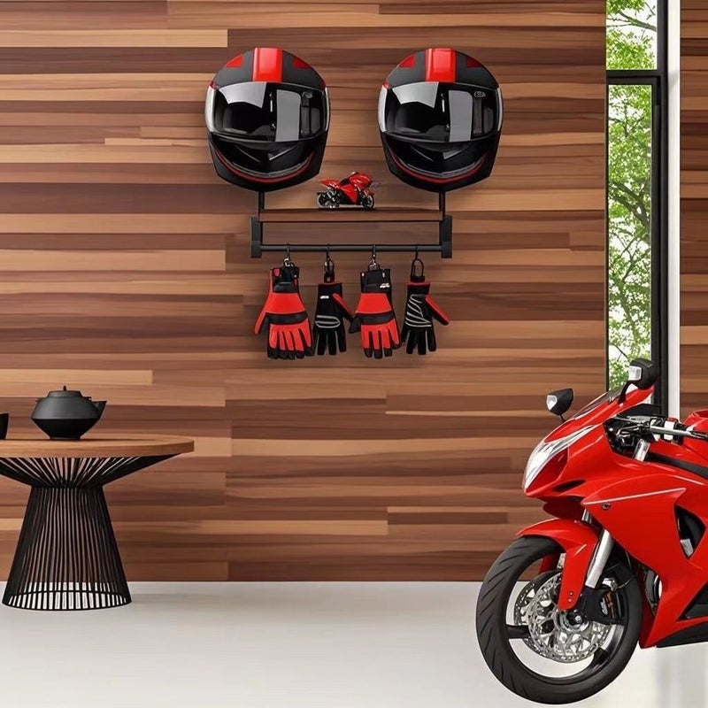 Retro Wall Mount Riding Helmet Storage Rack with 4 Glove Clips and Wood Covers - Image 1
