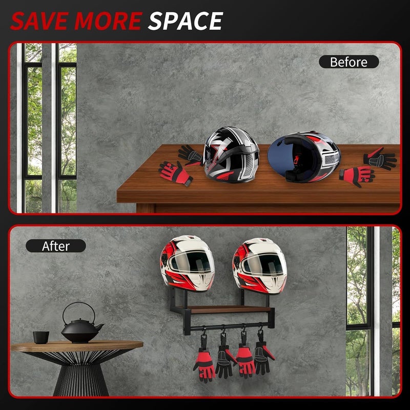 Retro Wall Mount Riding Helmet Storage Rack with 4 Glove Clips and Wood Covers - Image 3