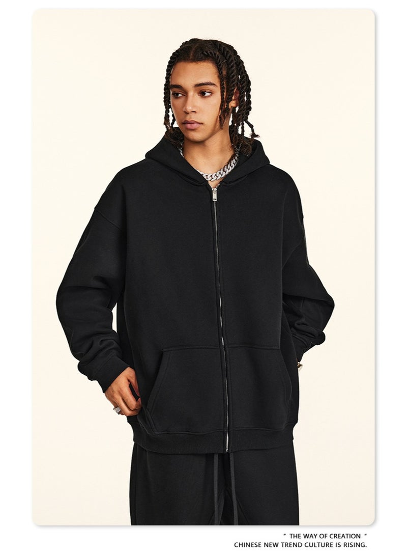 بى طقم من قطعتين: سويت شيرت بغطاء رأس بلون سادة، كارديجان فضفاض كاجوال، وبنطال رياضي (أسود) - Image 4