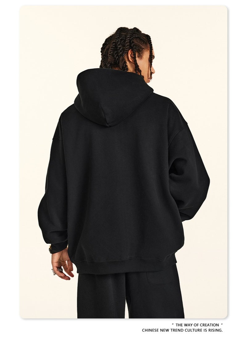 بى طقم من قطعتين: سويت شيرت بغطاء رأس بلون سادة، كارديجان فضفاض كاجوال، وبنطال رياضي (أسود) - Image 5