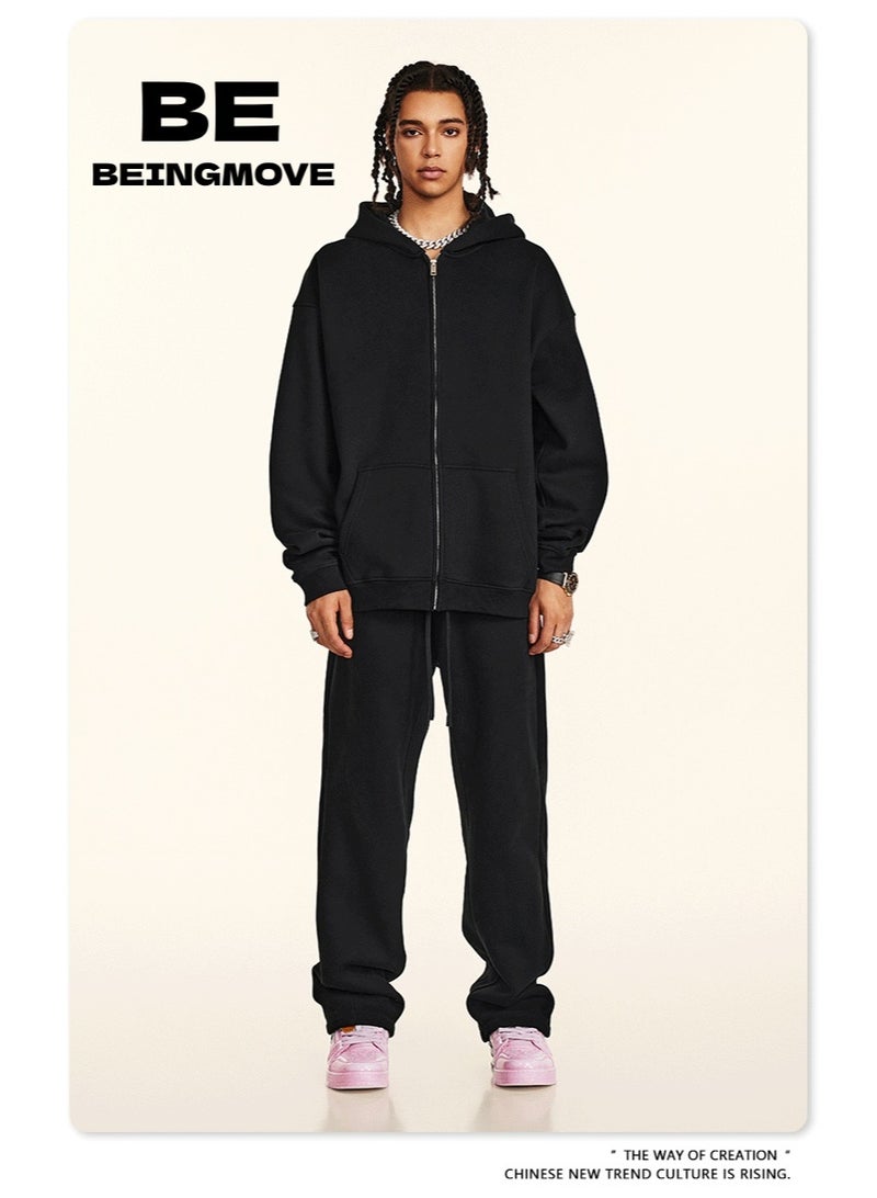 بى طقم من قطعتين: سويت شيرت بغطاء رأس بلون سادة، كارديجان فضفاض كاجوال، وبنطال رياضي (أسود) - Image 1