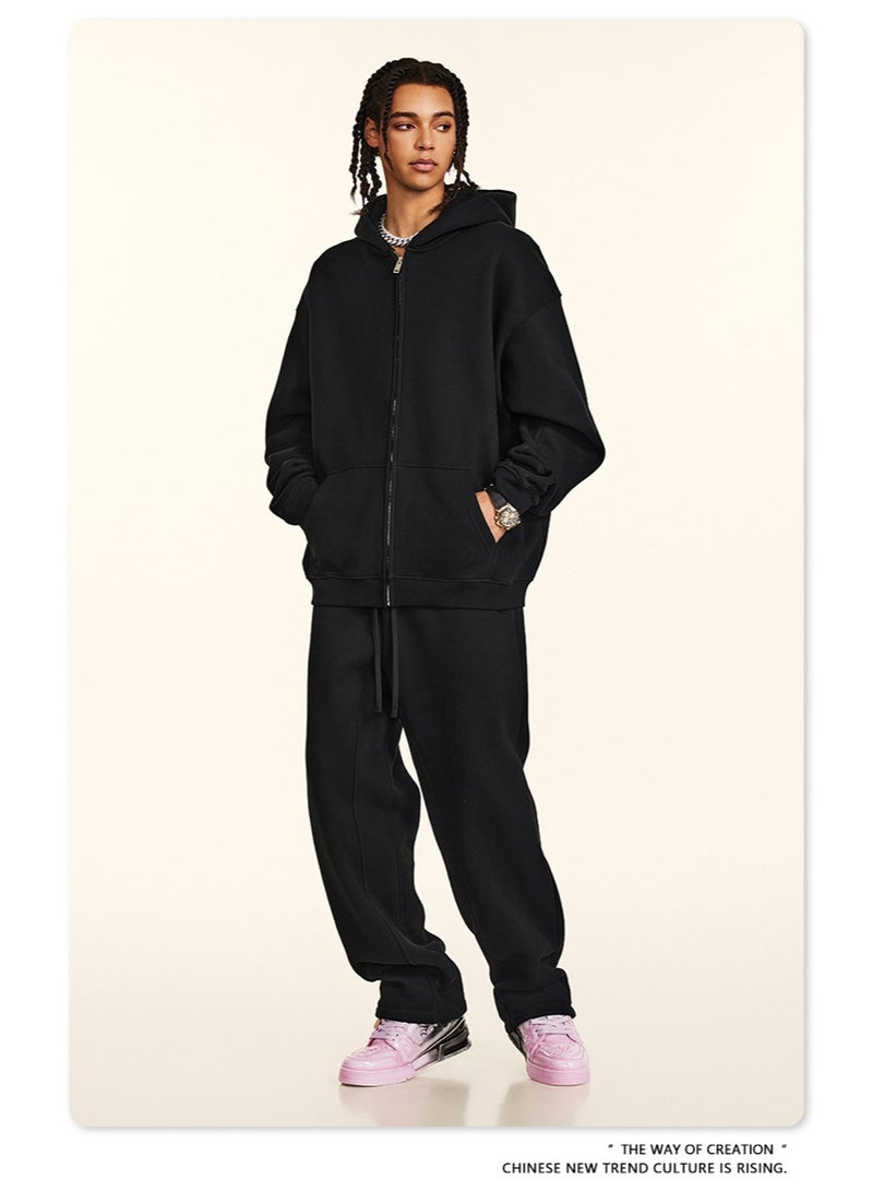 بى طقم من قطعتين: سويت شيرت بغطاء رأس بلون سادة، كارديجان فضفاض كاجوال، وبنطال رياضي (أسود) - Image 2