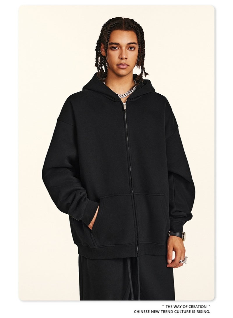 بى طقم من قطعتين: سويت شيرت بغطاء رأس بلون سادة، كارديجان فضفاض كاجوال، وبنطال رياضي (أسود) - Image 3