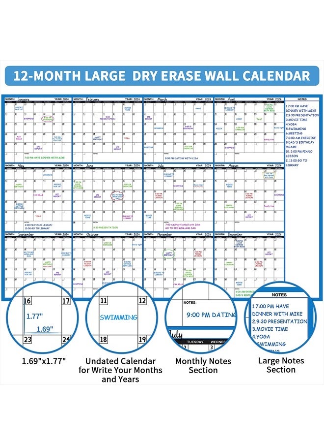 Lemome Large Dry Erase Calendar - Undated Wall Calendar Dry Erase, 58" x 37", 12-Month Dry Erase Calendar with 10 Round Stickers  - Image 3