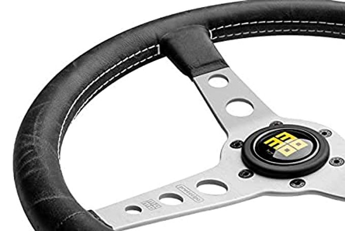 MOMO Motorsport Prototipo Steering Wheel Black Leather Grip Brushed Aluminum Spoke White Stitch 350Mm - Image 3