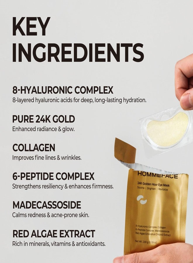 HommeFace 24K Golden Hour Eye Mask Set 6 Pairs, Korean Under Eye Gel Patch with Collagen, Peptides & Pure Gold for Dark Circles, Puffiness & Wrinkles - Image 4