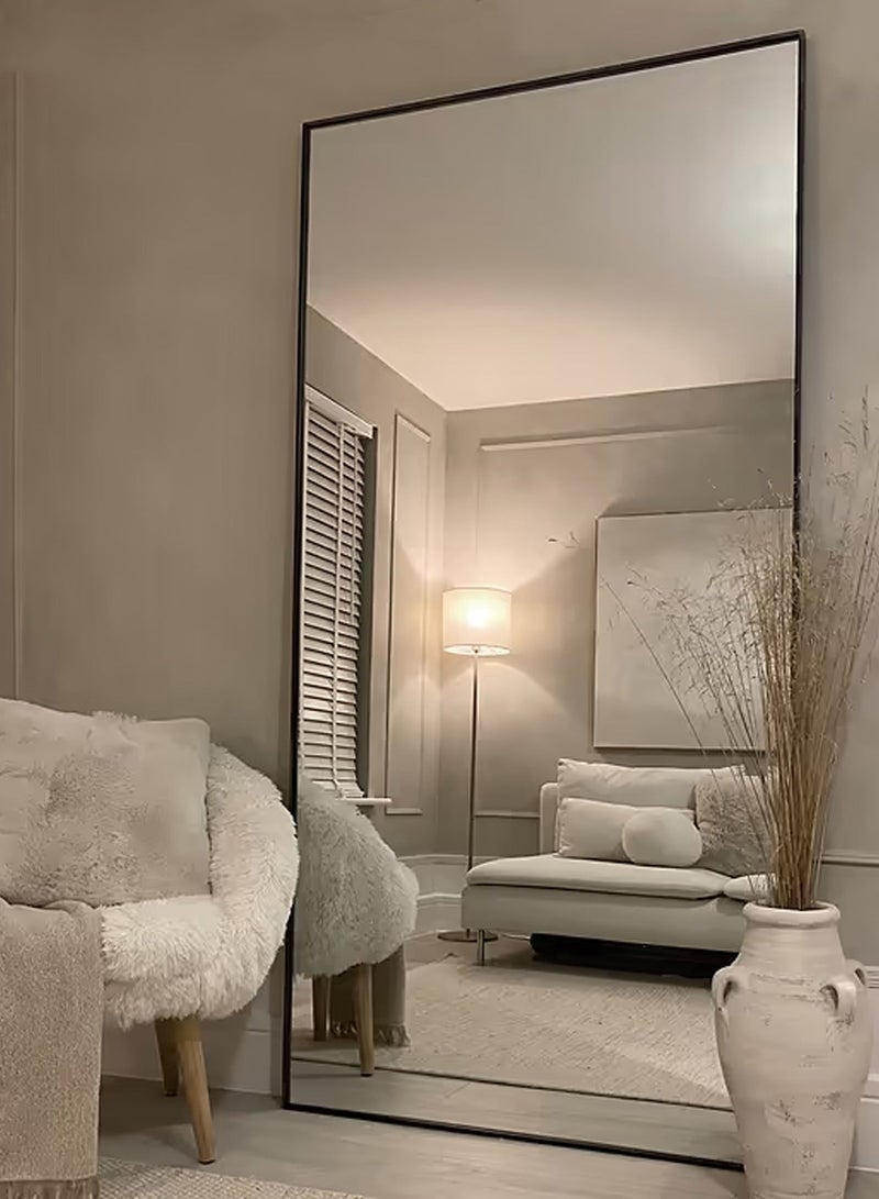 تايمي مرآة ضخمة جدا بتصميم انيق 180x80سم - مرآة كاملة الطول باطار معدني اسود واستاند خلفي - تصميمها الرائع يناسب غرفة المعيشة وغرف اللبس وغرف النوم - Image 1