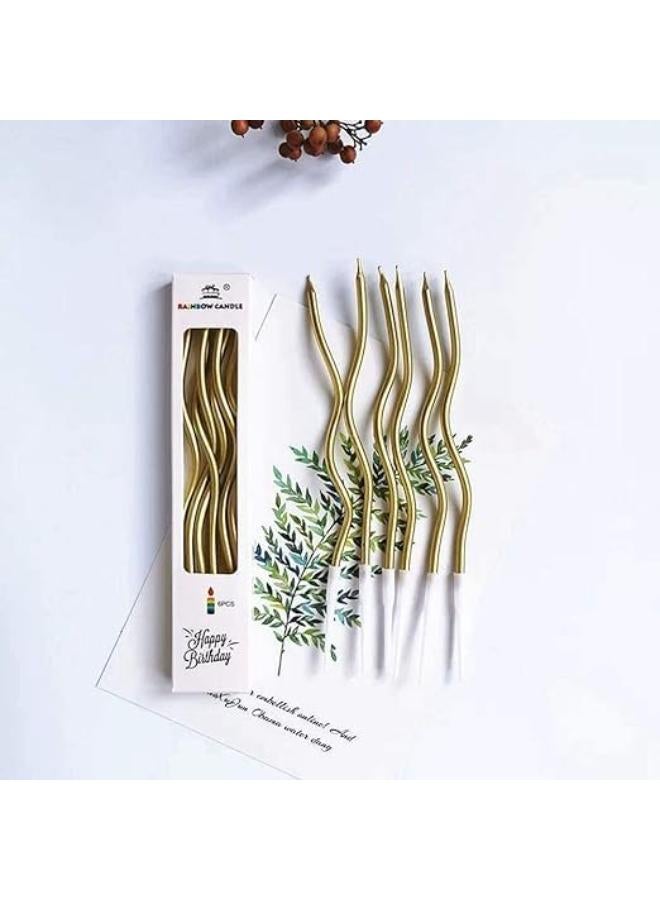 مجموعة شموع عيد الميلاد الملتوية ، مكونة من 6 قطع، حاملات شموع معدنية ملفوفة، شموع كب كيك، شموع مرحة طويلة ورفيعة لحفلات الزفاف، شموع أعياد ميلاد للأطفال، لوازم الحفلات، تزيين الكيك (ذهبي) - Image 1