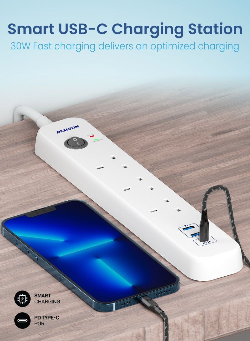 Remson 32W Surge Protector Power Strip 6 Way 3 USB-Ports + 3 AC Outlets Power Delivery 3.0 Fast Charging with 3M Cable Length - Image 2