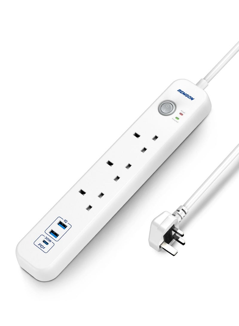 Remson 32W Surge Protector Power Strip 6 Way 3 USB-Ports + 3 AC Outlets Power Delivery 3.0 Fast Charging with 3M Cable Length - Image 1