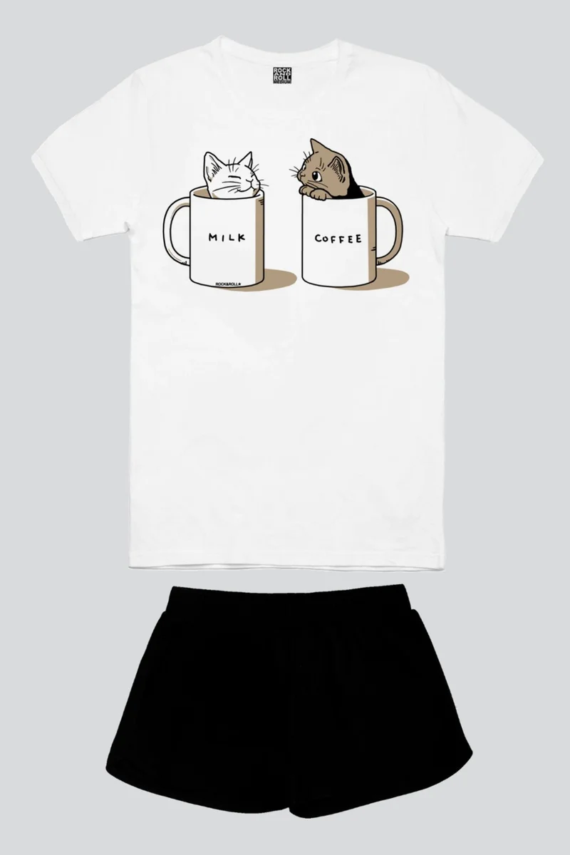روك اند رول Milky Plain White Short Sleeve Women's Shorts Set