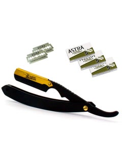 CS102 Matte Black Golden Head Stainless Steel Professional Barber Straight Edge Razor with 15 Astra Double Edge Razor Blades