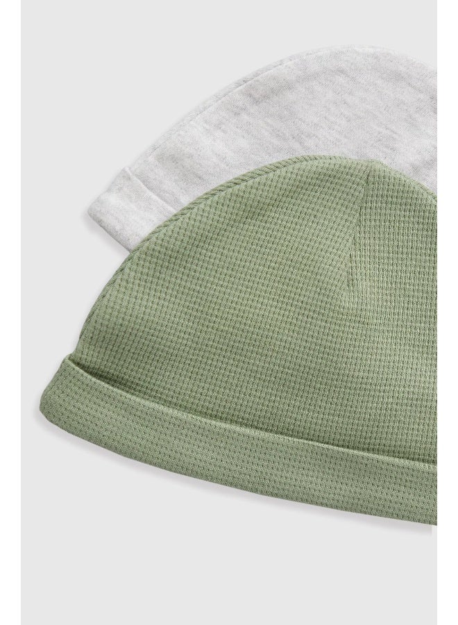 mothercare Green Waffle and Grey Baby Hats - 2 Pack - Image 1