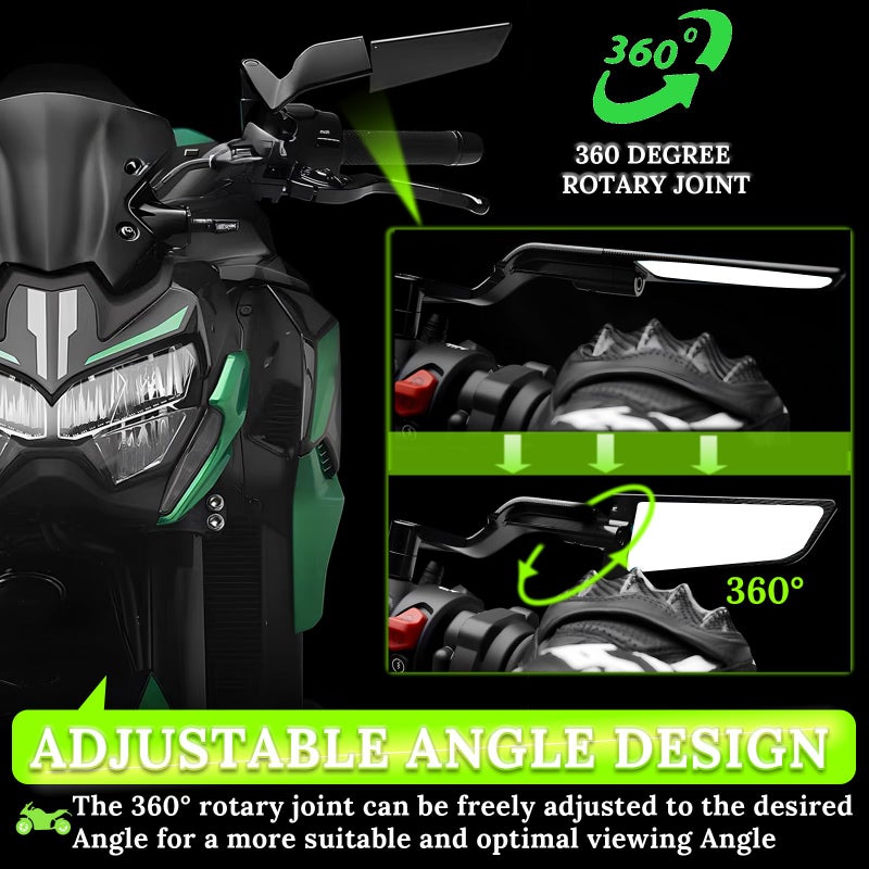 CABORIALLAN Motorcycle Rear View Mirrors, Adjustable 360Â° Rotating Stealth Wind Wing Side Mirrors Compatible with Kawasaki Z400 Z650 Z1000 Duke 125 200 250 390 690 790 1290 etc (8mm, 10mm) - Image 2