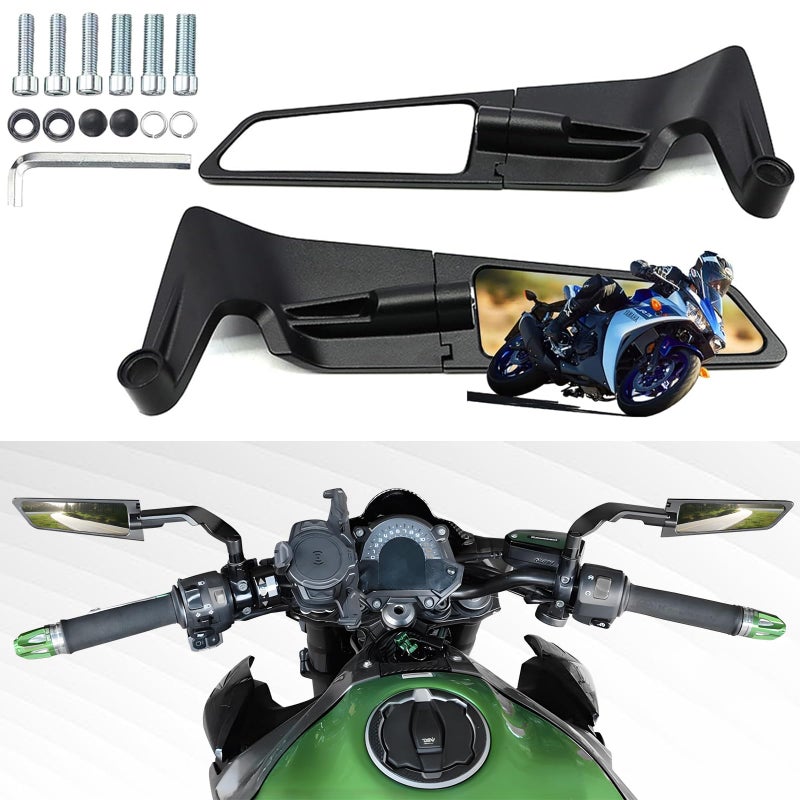 CABORIALLAN Motorcycle Rear View Mirrors, Adjustable 360Â° Rotating Stealth Wind Wing Side Mirrors Compatible with Kawasaki Z400 Z650 Z1000 Duke 125 200 250 390 690 790 1290 etc (8mm, 10mm) - Image 1