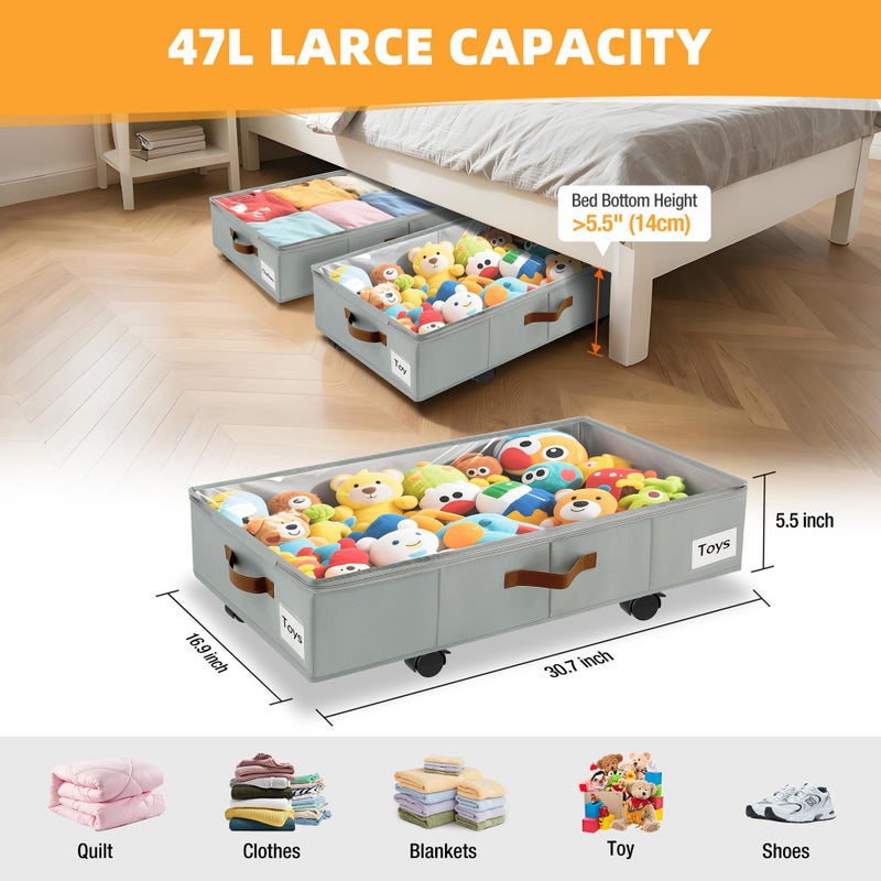 VatFott 2 Pack Under Bed Storage with Wheels â€“ 30.5Ã—17Ã—5.5 Inch, Underbed Storage with Sturdy Sidewalls/Bottom, Clear Cover, Label and PU Handle, Rolling Under Bed Drawers for Clothes, Shoes, Toys, Blankets - Image 4