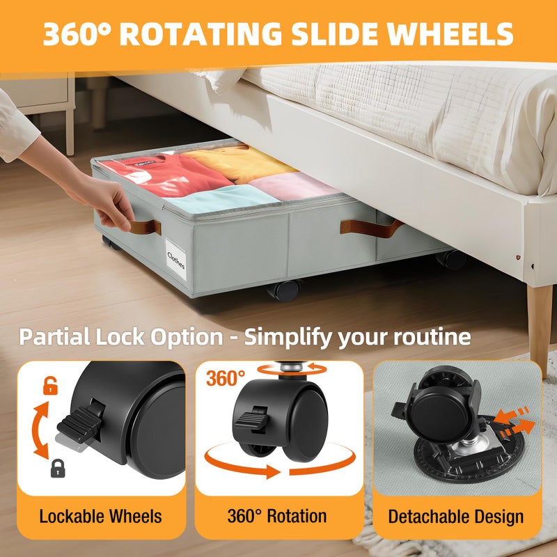 VatFott 2 Pack Under Bed Storage with Wheels â€“ 30.5Ã—17Ã—5.5 Inch, Underbed Storage with Sturdy Sidewalls/Bottom, Clear Cover, Label and PU Handle, Rolling Under Bed Drawers for Clothes, Shoes, Toys, Blankets - Image 2