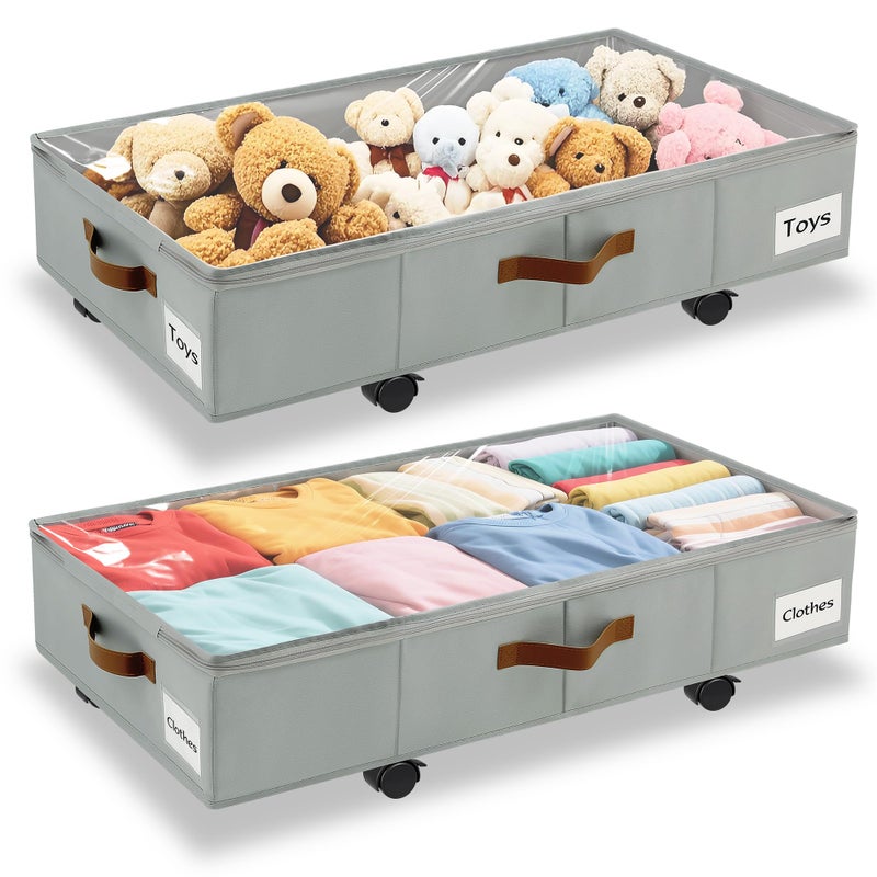VatFott 2 Pack Under Bed Storage with Wheels â€“ 30.5Ã—17Ã—5.5 Inch, Underbed Storage with Sturdy Sidewalls/Bottom, Clear Cover, Label and PU Handle, Rolling Under Bed Drawers for Clothes, Shoes, Toys, Blankets - Image 1