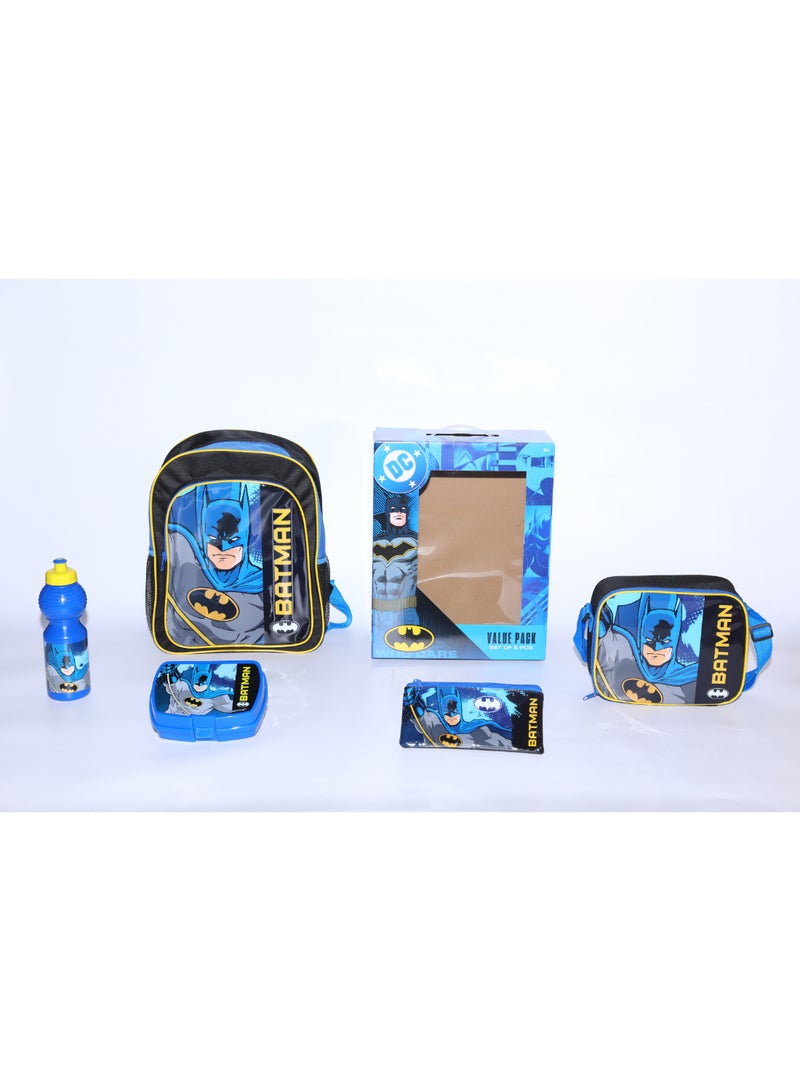 Warner Bros. DC Batman 5 in 1 Value Pack (14" Backpack with Lunch Box, Lunch bag, Water Bottle and Pencil Case)
