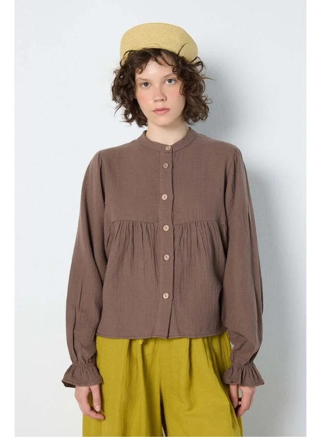 mina aise Women's ruffled muslin shirt brown 31146.