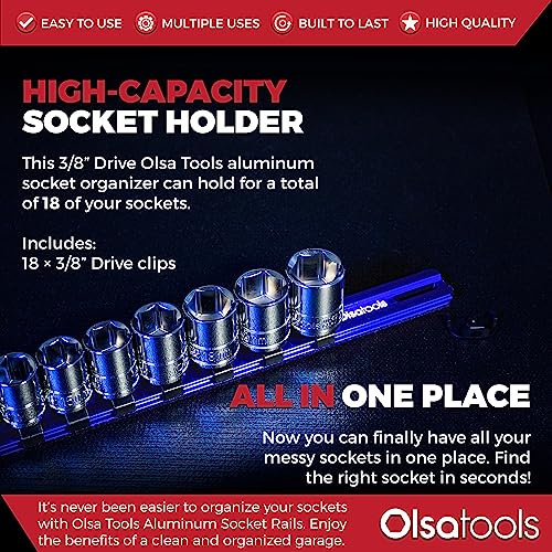 Olsa Tools Aluminum Socket Organizer with Locking End Caps 38Inch Drive Blue Socket Holder Rails for Chrome or Impact Sockets Compact and Durable Socket Storage Solution Part 1175 - Image 3