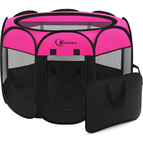 Siedihit Dog Playpen Medium Puppy Pet Playpen Dog Crate Tent Cage IndoorOutdoor Portable Pop Up Dogs Kennel Playpen with Carrying Case for DogsCatsRabbits Hot Pink - Image 1