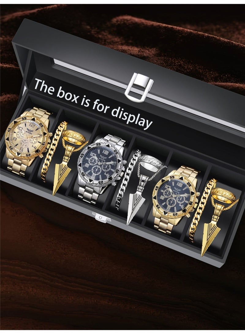 Geneva Men's watch + bracelet + arrow pendant + ring set, suitable for the perfect birthday holiday gift for him - Image 1