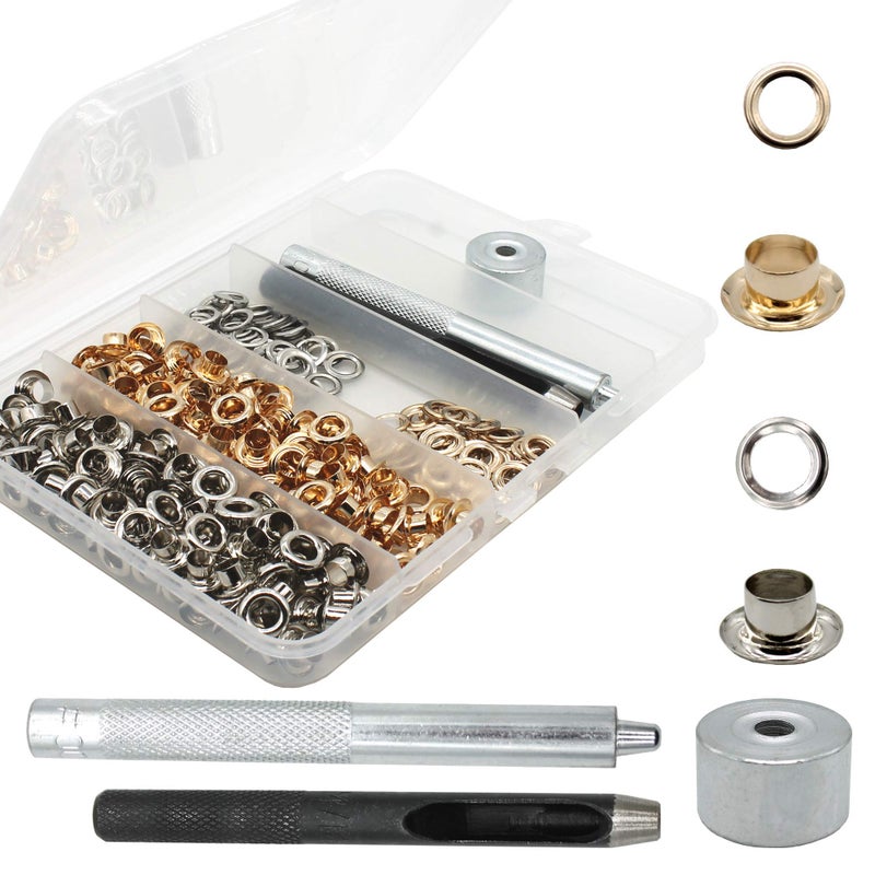 Raydodo 200 Sets Reinforced Grommet Kit 316 Inch Metal Brass Eyelet Kit with 3 Pieces Grommet Tool Boot Eyelet Repair Kit and Grommets for Fabric Tarps Leather Belt with Storage Box