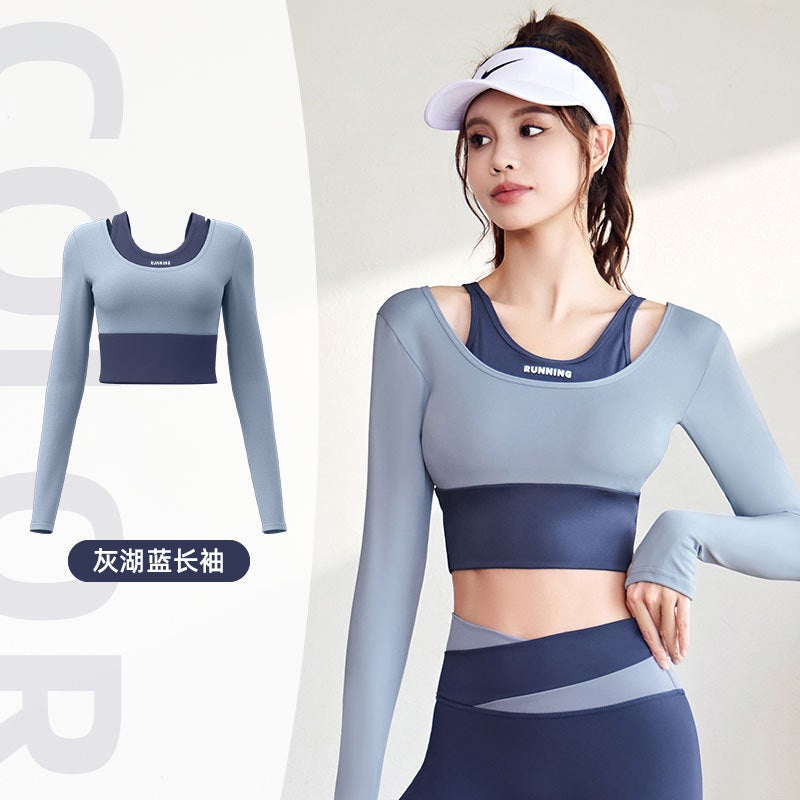 Generic Slim Fit Sports Yoga Apparel Seamless Anti-Shock Gray Lake Blue 