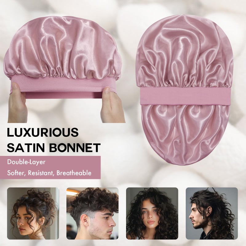 Doitory Satin Silk Bonnet for Sleeping, Double Layer Silk Sleep Cap for Men & Women, Soft Satin Lined Bonnet for Natural & Curly Hair(BeanPaste Pink) - Image 2
