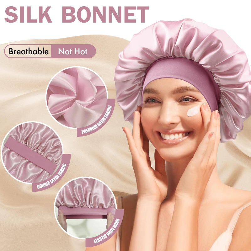 Doitory Satin Silk Bonnet for Sleeping, Double Layer Silk Sleep Cap for Men & Women, Soft Satin Lined Bonnet for Natural & Curly Hair(BeanPaste Pink) - Image 5