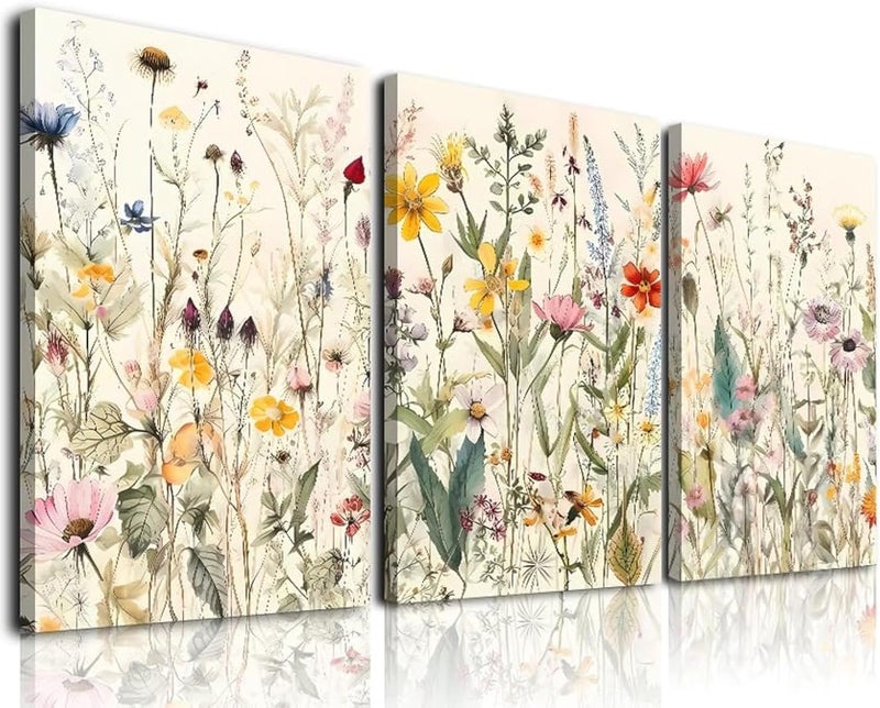 KBKBART Framed Canvas Wall Art Set of 3, Minimalist Flower Floral Wall Art Farmhouse Decor, Boho Style Wall Decor Watercolor Wildflower Paintings, Modern Colorful Botanical Flower Art Print for Bathroom - Image 1