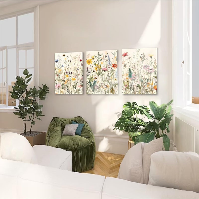 KBKBART Framed Canvas Wall Art Set of 3, Minimalist Flower Floral Wall Art Farmhouse Decor, Boho Style Wall Decor Watercolor Wildflower Paintings, Modern Colorful Botanical Flower Art Print for Bathroom - Image 4