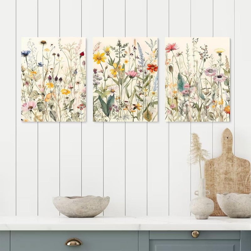 KBKBART Framed Canvas Wall Art Set of 3, Minimalist Flower Floral Wall Art Farmhouse Decor, Boho Style Wall Decor Watercolor Wildflower Paintings, Modern Colorful Botanical Flower Art Print for Bathroom - Image 5