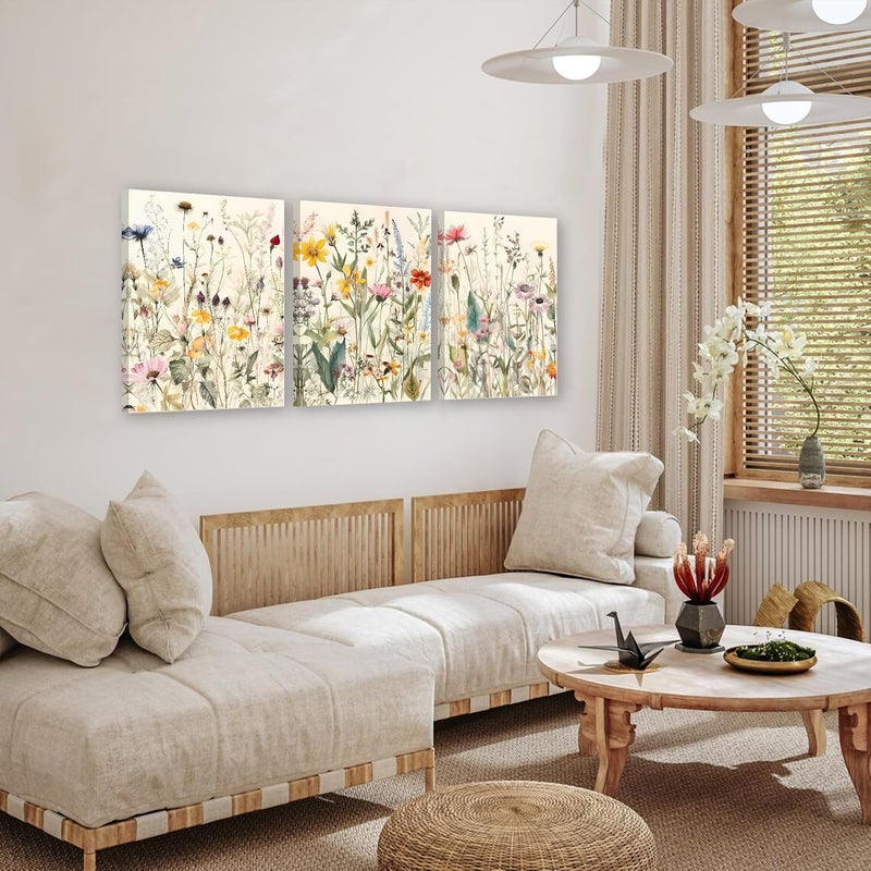 KBKBART Framed Canvas Wall Art Set of 3, Minimalist Flower Floral Wall Art Farmhouse Decor, Boho Style Wall Decor Watercolor Wildflower Paintings, Modern Colorful Botanical Flower Art Print for Bathroom - Image 3