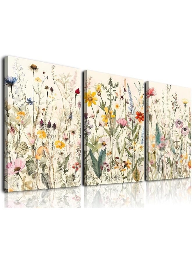 KBKBART Framed Canvas Wall Art Set of 3, Minimalist Flower Floral Wall Art Farmhouse Decor, Boho Style Wall Decor Watercolor Wildflower Paintings, Modern Colorful Botanical Flower Art Print for Bathroom - Image 2