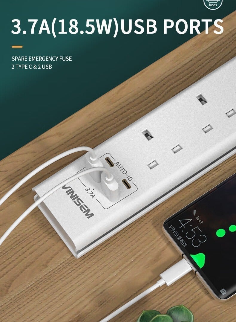 British standard socket with independent switch, 3.7A4 USB socket, 2TYPE-C fast charging power strip, 2M line length, home office socket board, white - Image 5