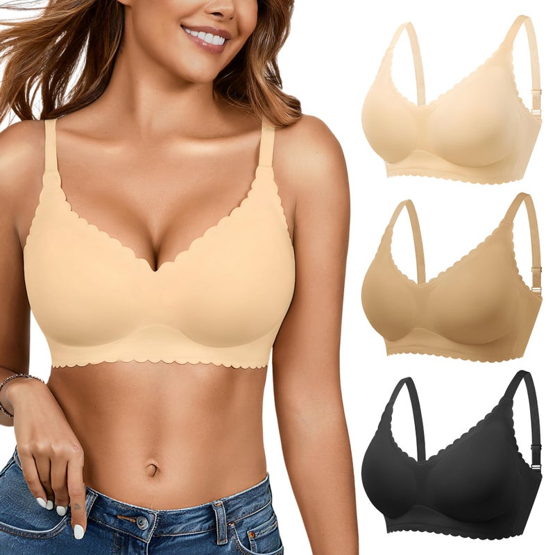 DEANGELMON Wireless Seamless Bras for Women with Support - No Wire Push Up Womens Bra - No Underwire Padded Comfort Bralettes Breast Lift for Back Fat - Coverage Comfortable Bralette Wirefree 3 Pack(3P2,L) - Image 1