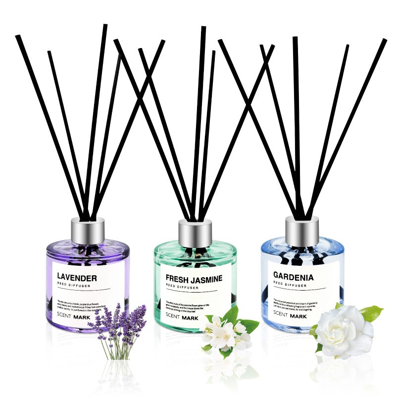 POWSHELF مجموعة معطرات الهواء POWSHELF من 3 عبوات، 50 مل زيت معطر برائحة اللافندر والياسمين والجارينيا مع 5 أعواد، معطر هواء منزلي لغرفة النوم والحمام والمكتب (لافندر/ياسمين/جارينيا) - Image 1