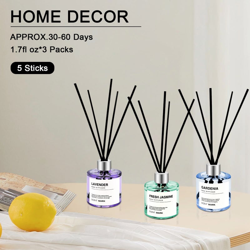 POWSHELF مجموعة معطرات الهواء POWSHELF من 3 عبوات، 50 مل زيت معطر برائحة اللافندر والياسمين والجارينيا مع 5 أعواد، معطر هواء منزلي لغرفة النوم والحمام والمكتب (لافندر/ياسمين/جارينيا) - Image 2