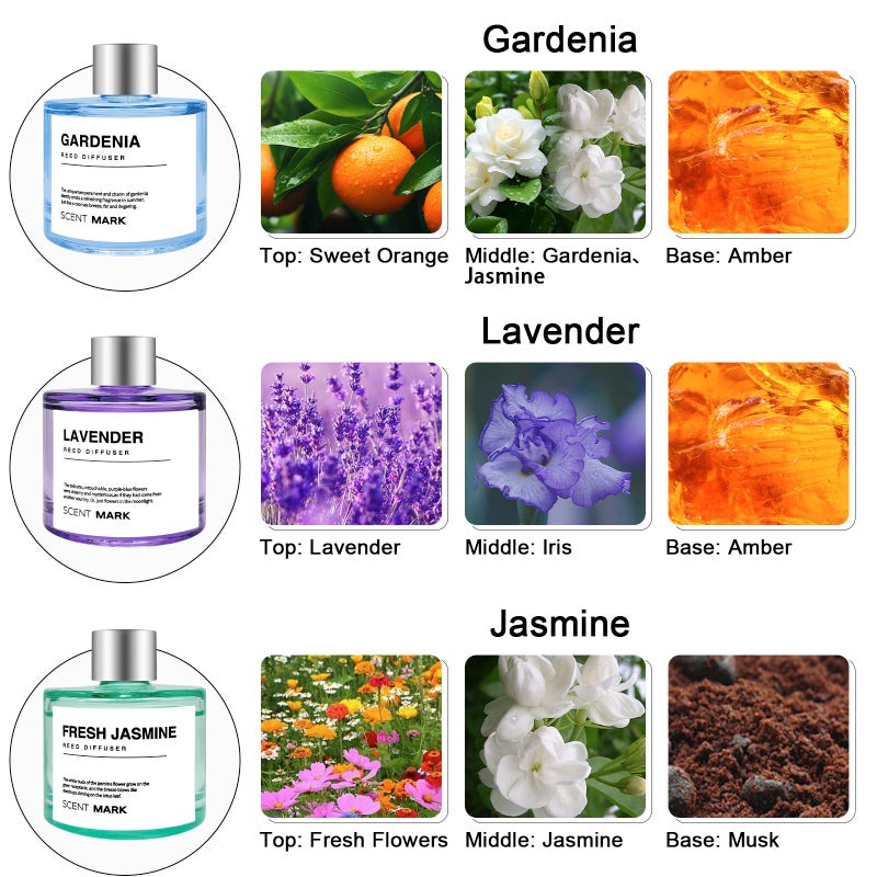 POWSHELF مجموعة معطرات الهواء POWSHELF من 3 عبوات، 50 مل زيت معطر برائحة اللافندر والياسمين والجارينيا مع 5 أعواد، معطر هواء منزلي لغرفة النوم والحمام والمكتب (لافندر/ياسمين/جارينيا) - Image 3
